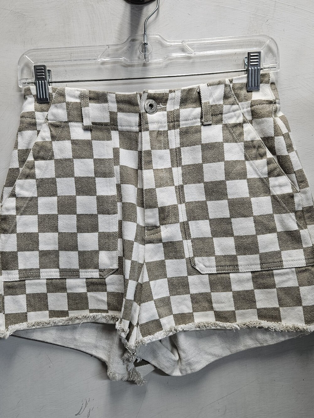 Papermoon Small Olive/White Checkered High Rise Shorts Cotton Denim Cutoff